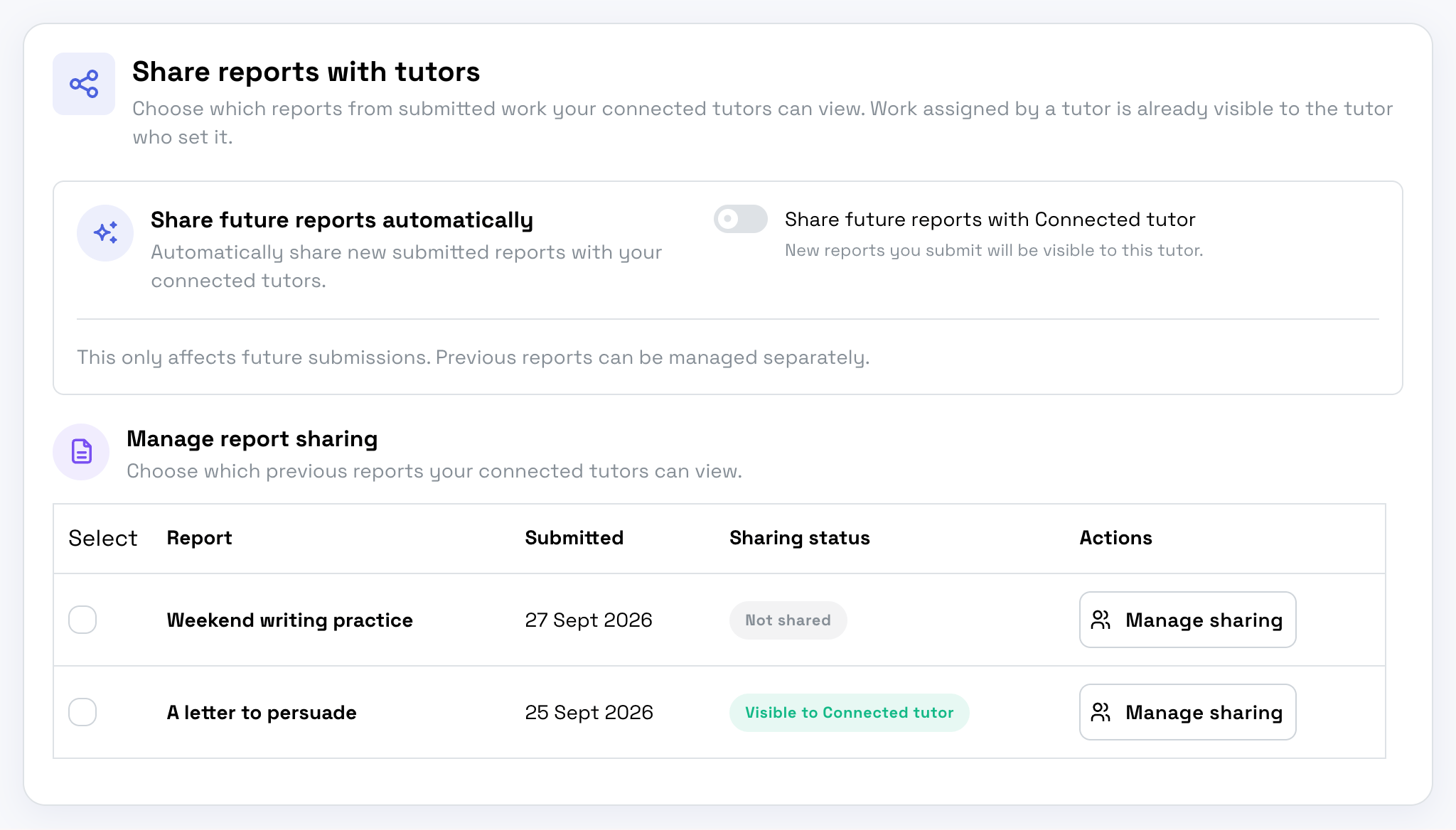 Parent report-sharing controls for connected tutors.