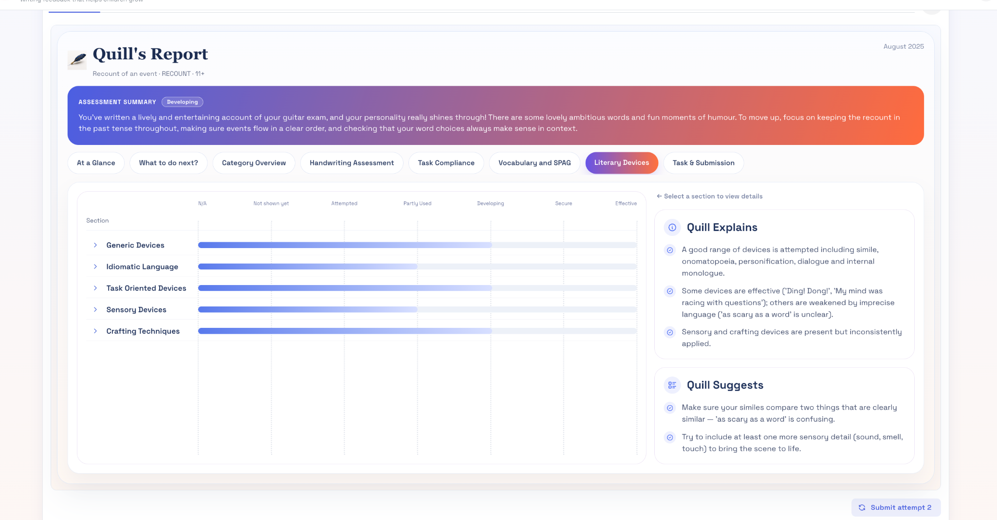 QuillSquare evaluation report with assessment bands and next-step guidance